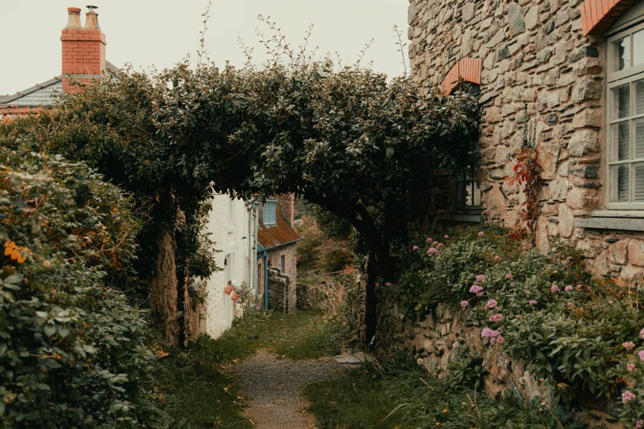 An alley between two cottages with a foliage archway connecting them
