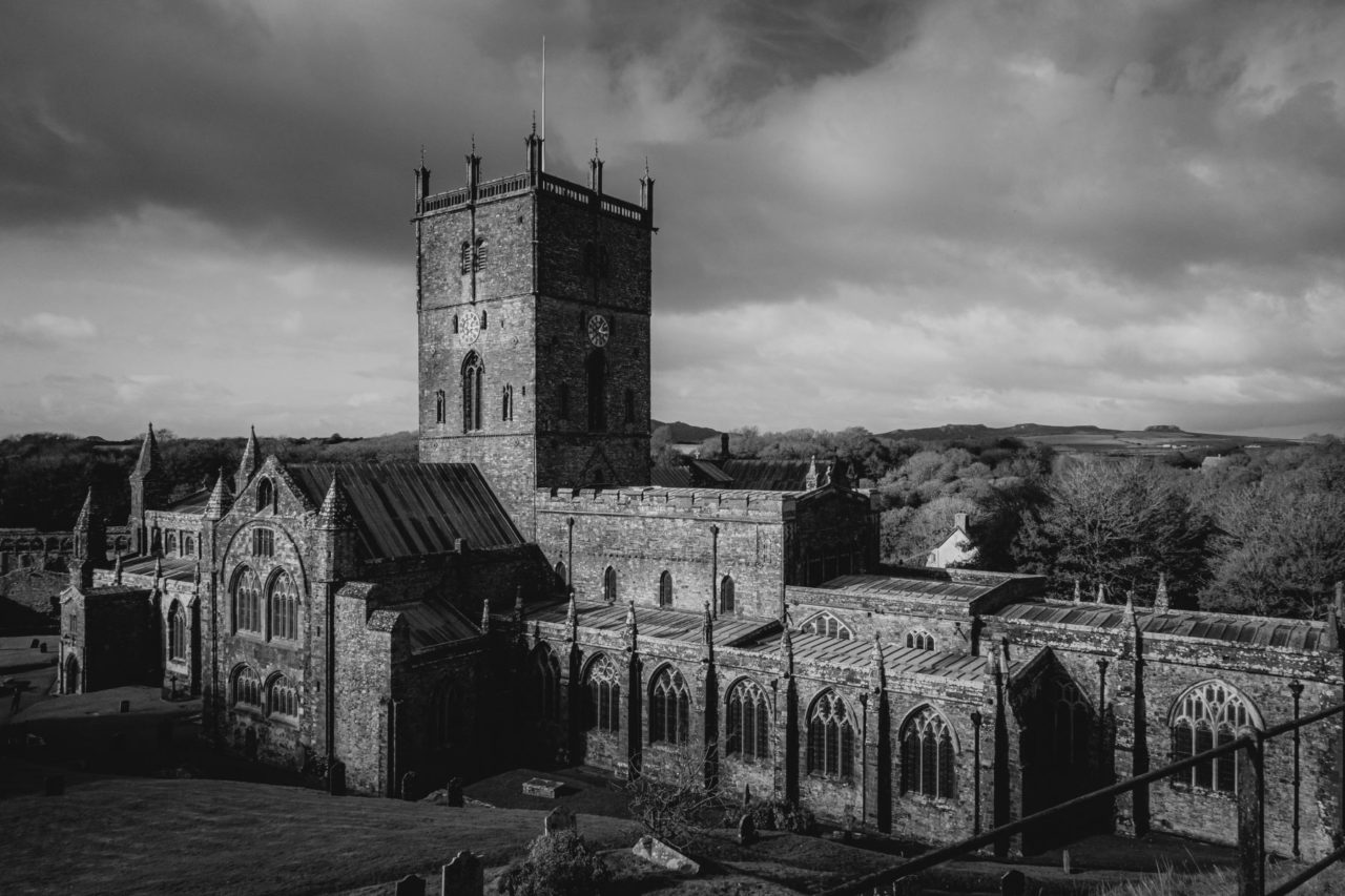 St Davids Cathedral in black and white