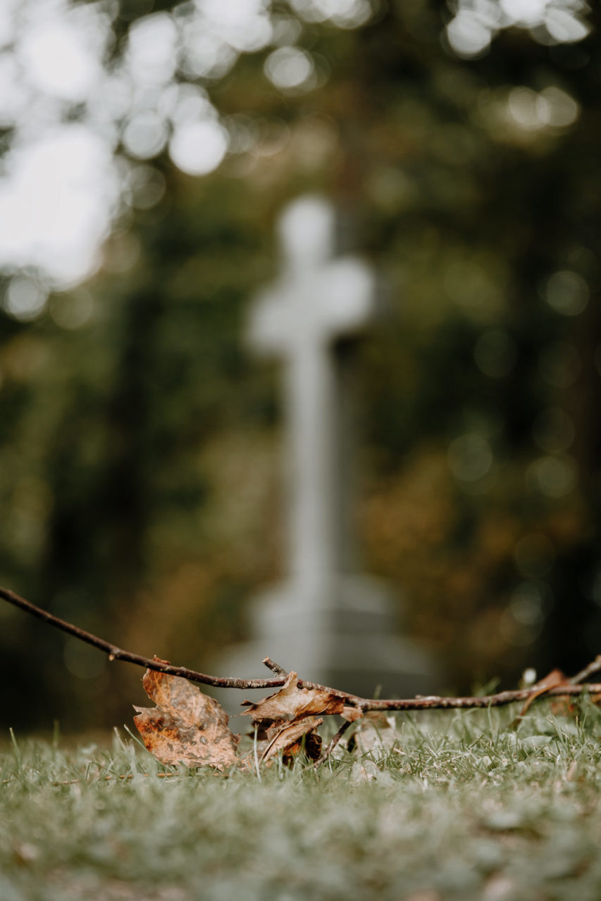 Out of focus cross with leaf inthe foreground