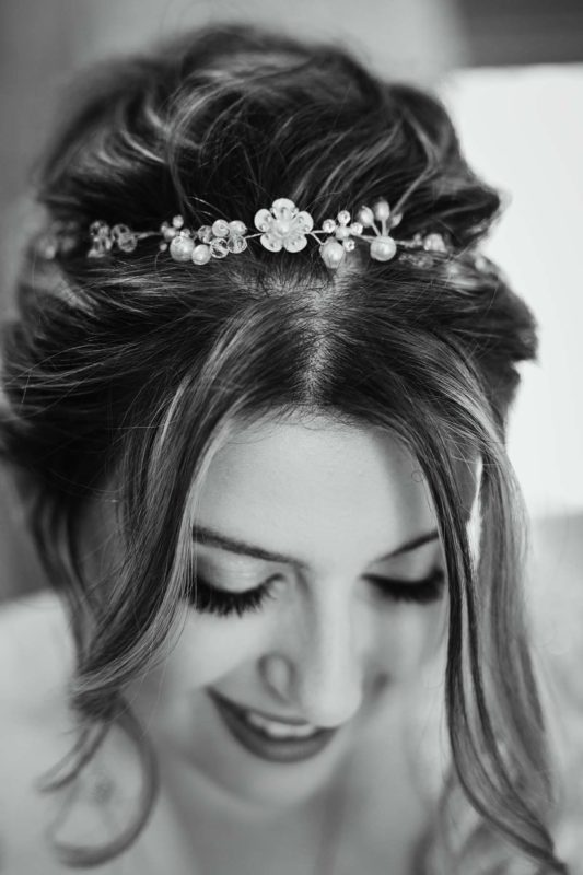 Close up of bride's hair piece in black and white