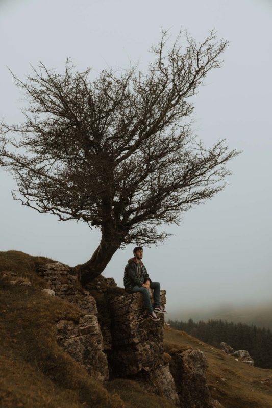 Gareth sat beneath a lonely tree on a misty Llangynidir Mountain