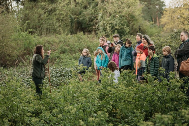 Wide shot of foraging tour group stood listening to their guide