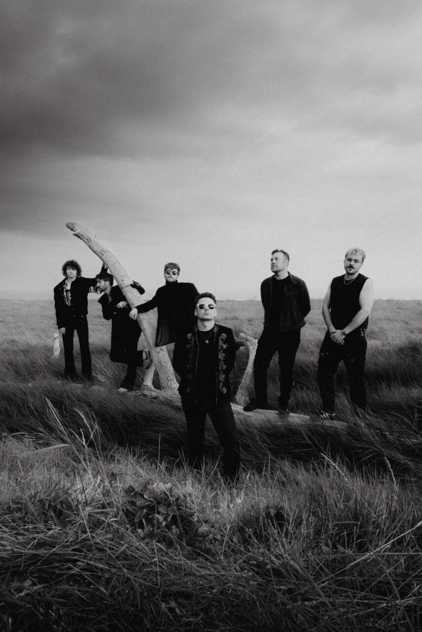 Promo shot of folk band Rusty Shackle stood on the moors of Caldicot. Shot as part of their upcoming album promotion in July 2025.